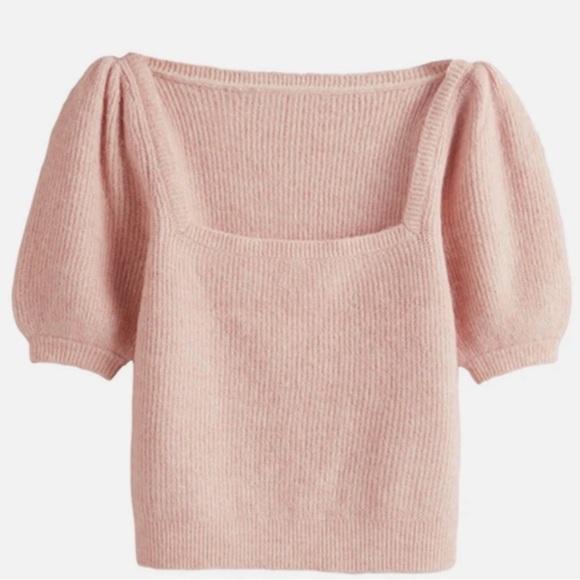 Boden Square Neck Fluffy Jumper Wool Blend Pink Short Sleeve Size M - Picture 2 of 5